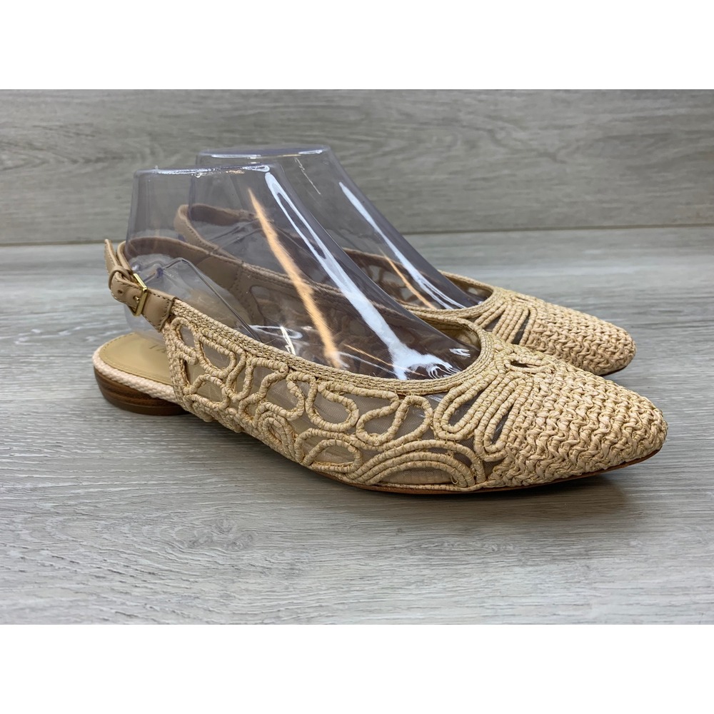 Talbots Women's 8.5 Sand Woven Raffia Mesh Slingback Flats Pointed Toe Leather